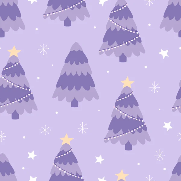 紫のクリスマスツリーと星とシームレスなパターン。手描きのドアウッド。明けましておめでとうございます。ベクターイラスト. — ストックベクタ