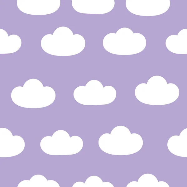 Kinderachtig naadloos patroon met eenvoudige witte wolken op paarse achtergrond. Vectorillustratie. — Stockvector