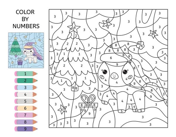 Color by number educational game. Cute kawaii unicorn, gift box and Christmas tree. Learn numbers for preschoolers. Black and white coloring page. Printable worksheet. — Stock Vector