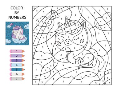 Rakamlara göre renk. Bulutlardaki şirin tek boynuzlu at çizgi filmi. Kawaii hayvanı. Anaokulu çocukları için eğitici bir oyun. Yazdırılabilir aktivite çalışma tablosu. Boyama sayfası. Sayıları öğren. Vektör illüstrasyonu.