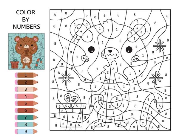 Color by numbers. Cute kawaii bear with gingerbread cookies, gift box and Christmas lollipop. Printable activity worksheet for preschool children. Learn numbers. Educational game. Winter illustration. — Stock Vector