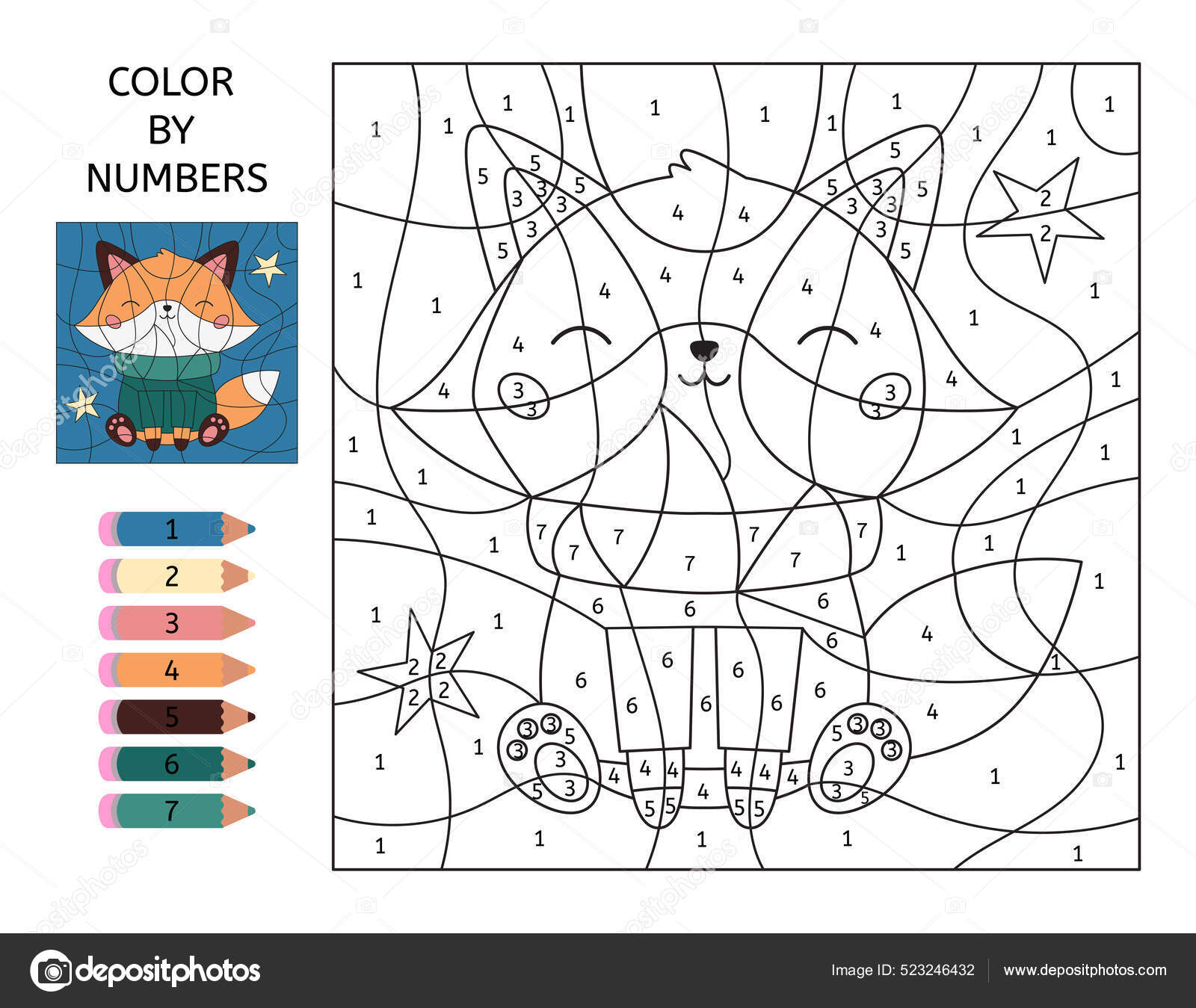 Jogo de cores por números para crianças página para colorir com uma raposa  fofa na floresta planilha para impressão com solução