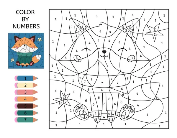 Color by numbers. Cute cartoon fox and green sweater. Kawaii forest animal. Learn numbers. Educational game for preschool kids. Printable activity worksheet. — Stock Vector