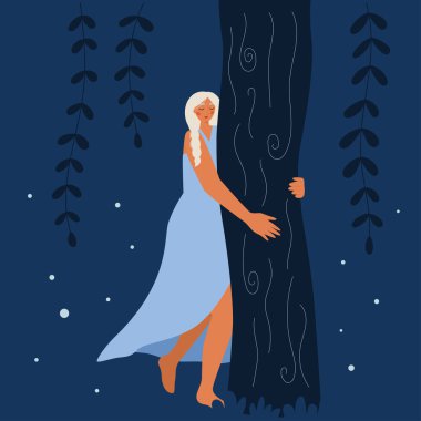 Güzel genç kadın ağaca sarılıyor. Çizgi film yassı kadın karakteri. Peri masalı için sihirli fantezi vektör çizimi.