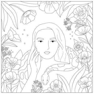 Güzel kadın ve yılanlı boyama sayfası. El yapımı şakayık çiçekleri ve bitkileri. Renkler için siyah ve beyaz çizimler. Çilek ve yapraklar. Yetişkinler ve çocuklar için stres önleyici boyama kitabı