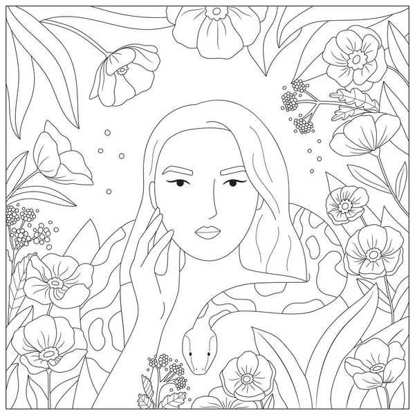 Dibujo para colorear con mujer de belleza y serpiente. Anémonas dibujadas a mano flores y plantas. Ilustración en blanco y negro para colorear. Doodle bayas y hojas. Libro para colorear antiestrés para adultos y niños — Vector de stock