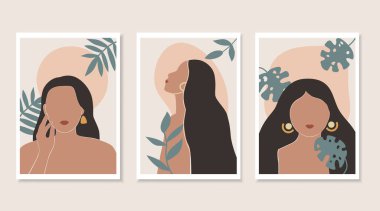 Boho tarzı soyut kadın portreleri seti. Çağdaş duvar sanatı. El yapımı palmiye yaprakları. Posterler, kartpostallar ve sosyal medya için kesilmiş moda kağıtları. Vektör illüstrasyonu.