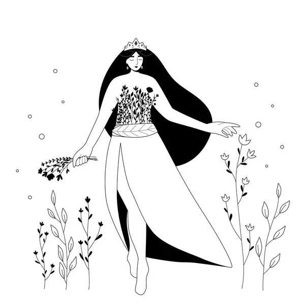 Mujer de belleza con flores. Plantas de garabatos abstractas. Ilustración vectorial en blanco y negro. — Vector de stock