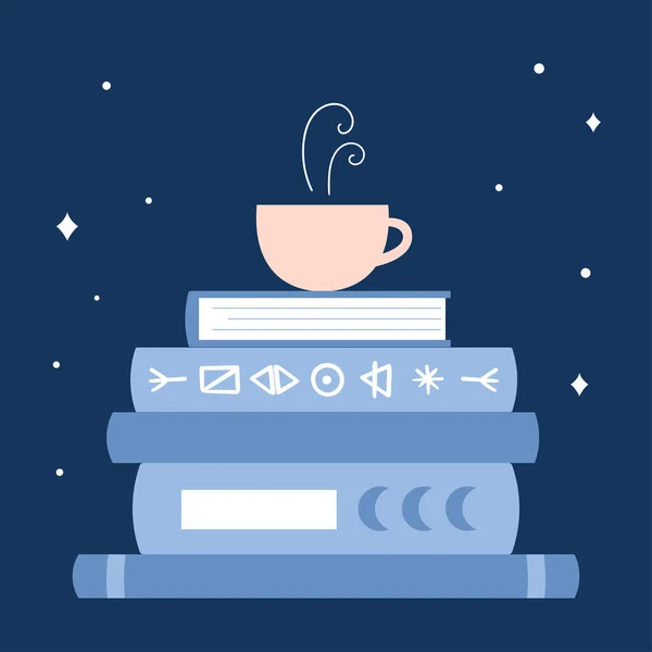 Magic books with runes symbols. Cup on a stack of books. Esoteric literature. Flat style vector illustration. — Stock Vector