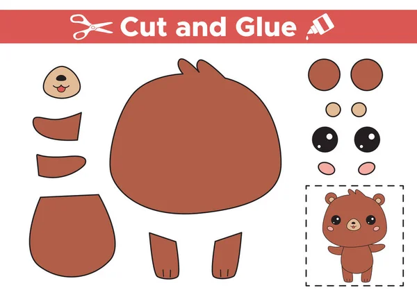 Cut and glue cute bear. Educational paper game for kids. Printable worksheet. Cutout and gluing to create the image. Cute cartoon kawaii animal. Vector illustration. — Vetor de Stock