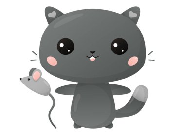 Cute black cat with toy mouse. Kawaii cartoon animal. Vector kitten on white background. Flat design illustration with gradient. Pet collection.