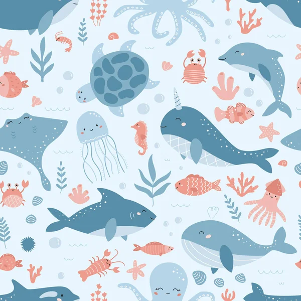 Nahtloses Muster mit Meerestieren, Korallen, Algen und Muscheln. Flache Design-Stil Cartoon-Figuren. Handgezeichnete Schildkröten, Delfine, Wale, Narwale, Krabben, Tintenfische, Haie und Rochen. — Stockvektor