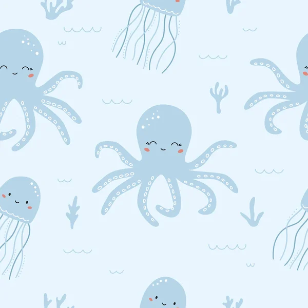 Kindlich nahtloses Muster mit Oktopus auf blauem Hintergrund. Handgezeichnete Meerespflanzen. Vektorillustration. — Stockvektor