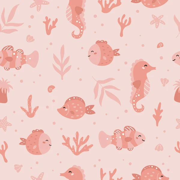 Vektornahtloses Muster mit tropischen Meeresfischen, Seepferdchen, Korallen und Algen. Handgezeichnete Meerespflanzen. Einfarbig rosa Farben. — Stockvektor