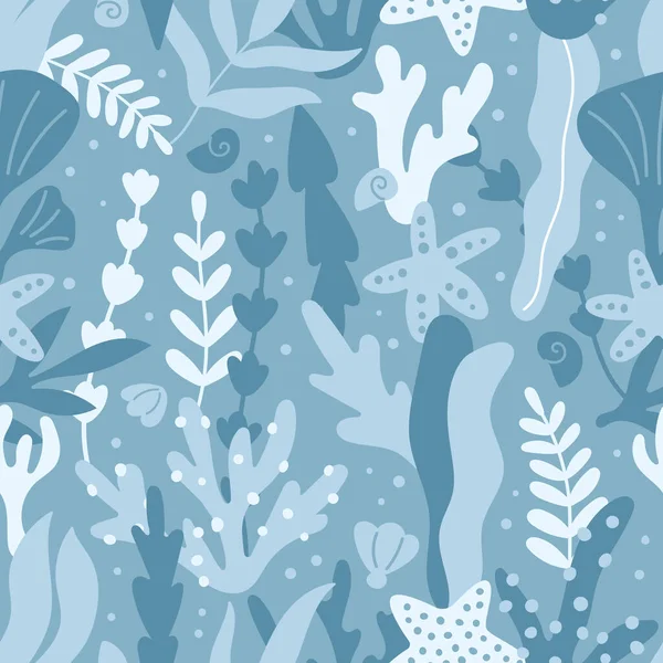 Vektor Meer nahtlose Muster mit handgezeichneten Algen, Korallen und Seesternen. Aquarium-Wasserpflanzen auf blauem Hintergrund. Silhouette von Unterwasserpflanzen. — Stockvektor