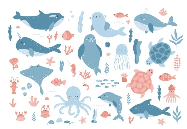 바다에 사는 동물들 이었습니다. 귀여운 만화 돌고래, 바다표범, 일각 고래, 거북, 상어, 문어 및 해양 식물. 하얀 배경의 플랫 만화 주인공들. — 스톡 벡터