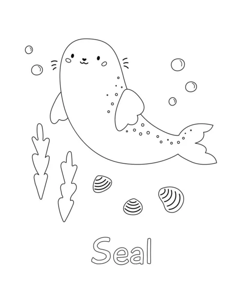 Coloring page with cute seal. Cartoon arctic sea animal. Learn english words for children. Black and white outline vector illustration. — Stock Vector
