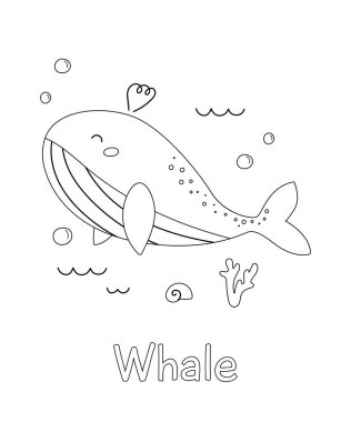 El çizimi balinalı boyama kitabı. Deniz ve okyanus hayvanları. Çocuklar için İngilizce kelime haznesi. Su altı yaşamı. Siyah ve beyaz vektör çizimi.