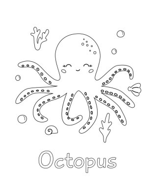Çizgi film ahtapotuyla boyama sayfası. El yapımı mercanlar, yosunlar ve deniz kabukları. Deniz hayvanlarının İngilizce kelime dağarcığını öğren. Siyah ve beyaz vektör çizimi.