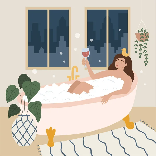 Γυναίκα παίρνει ένα χαλαρωτικό μπάνιο στο σπίτι και πίνει κρασί. Γελοιογραφία γυναικείο χαρακτήρα με λαστιχένια πάπια στο κεφάλι. Το κορίτσι απολαμβάνει ένα αφρόλουτρο. Επίπεδη διανυσματική απεικόνιση. — Διανυσματικό Αρχείο