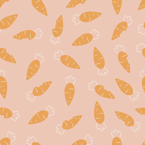 Patrón sin costuras de primavera con zanahorias estilizadas sobre fondo rosa. Verduras de garabato dibujadas a mano. Ilustración vectorial infantil. — Vector de stock