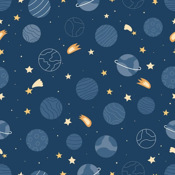 Koyu mavi arka planda gezegenler, yıldızlar ve kuyrukluyıldızlarla kusursuz uzay deseni. Düz stil çizgi film çizimi. — Stok Vektör