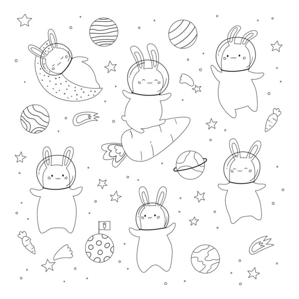 给有太空兔子、行星、恒星和彗星的孩子配色的书。卡通涂鸦兔。概述动物。黑白矢量图解. — 图库矢量图片