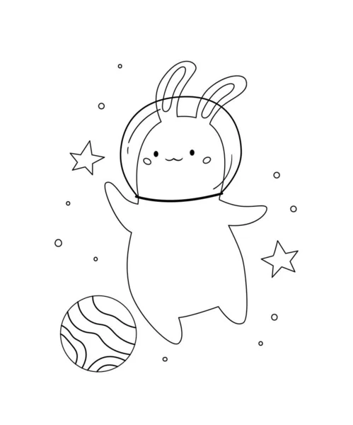 Söt rymdkanin, stjärnor och planet. Kawaii tecknad kanin. Svart och vit vektor illustration för målarbok. — Stock vektor