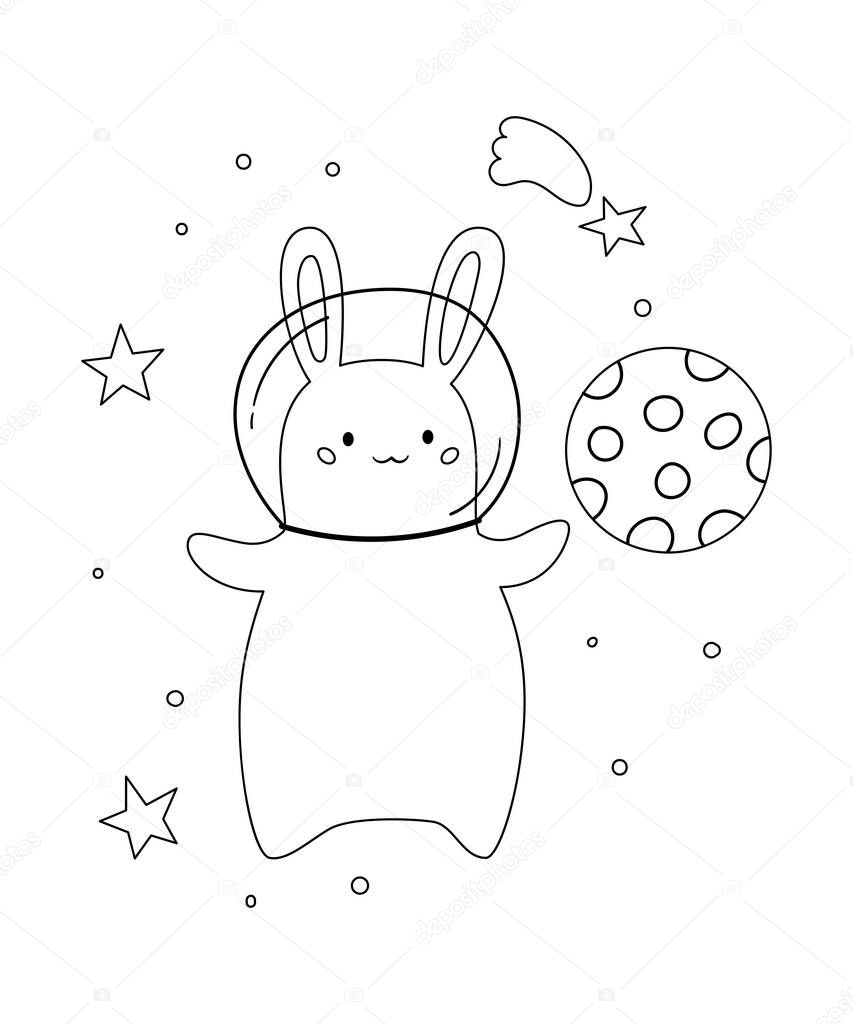 Coloring page with cute space bunny, moon and falling star. Doodle cartoon rabbit. Black and white vector illustration.