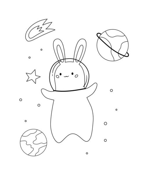 Słodki króliczek przestrzeni z gwiazdami, kometą i planetami. Ręcznie narysowany króliczek. Ilustracja wektor kolorowanki. — Wektor stockowy