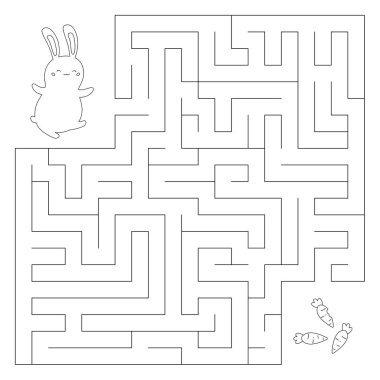 Çocuklar için eğitici labirent oyunu. Tavşanın havuç için doğru yolu bulmasına yardım et. Boyama sayfası. Çizgi film karakterleri. Vektör illüstrasyonu.