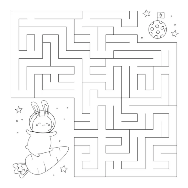儿童迷宫游戏。帮助红萝卜飞船上的兔子找到正确的月球之路。用太空兔子着色页。教育媒介说明. — 图库矢量图片