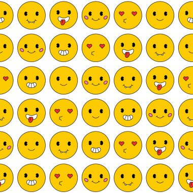 Sarı gülen yüzlü, pürüzsüz bir desen. Geleneksel eski çizgi film karakteri. Emoji geçmişi. Vektör illüstrasyonu.