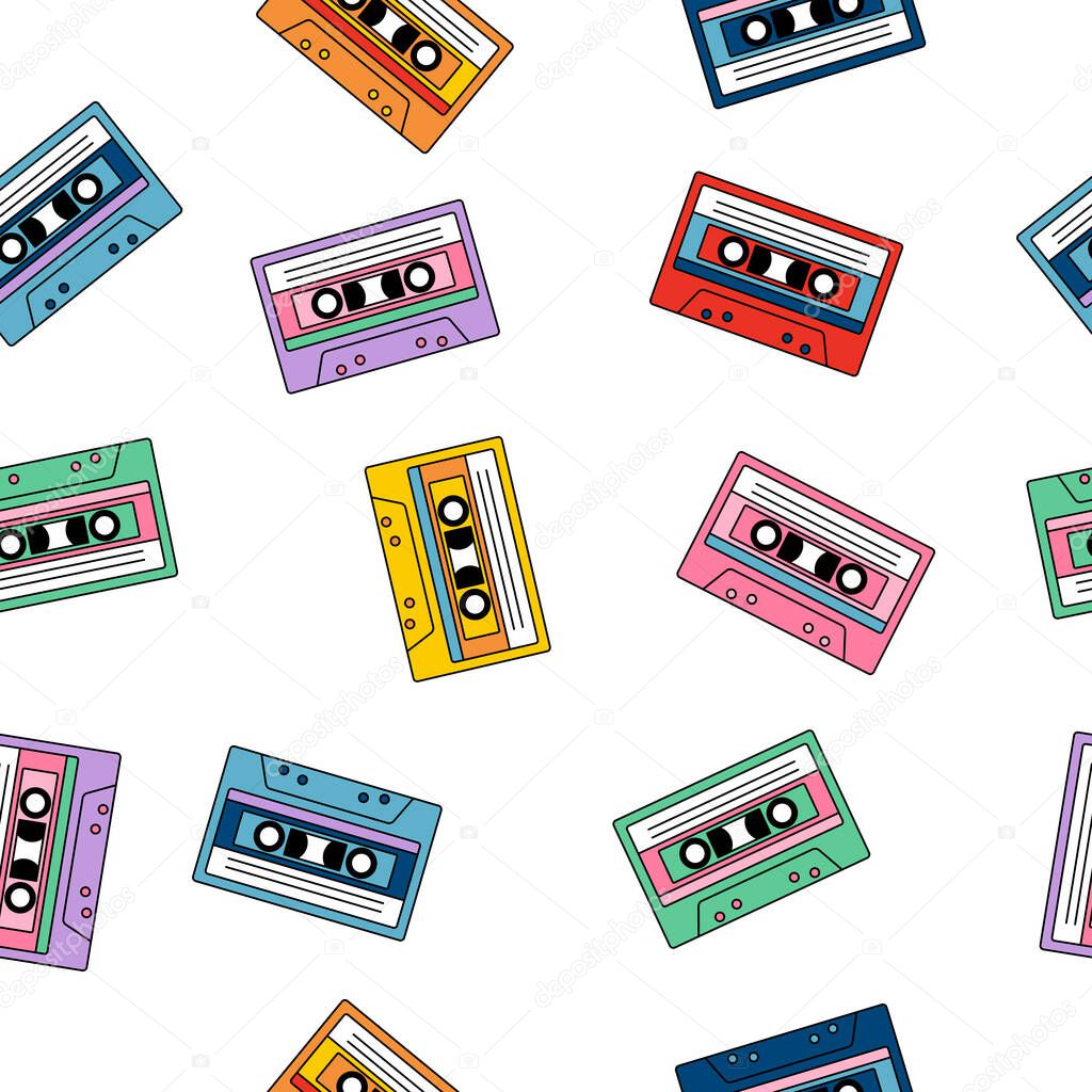 Seamless pattern with audio cassette tapes on white background. Vector illustration in retro 80s style.