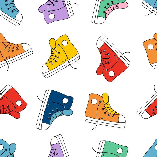 Naadloos patroon met Sneaker schoenen op witte achtergrond. Populaire casual straatkleding. Handgetekende doodle vector illustratie. — Stockvector