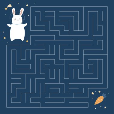 Anaokulu çocukları için labirent oyunu. Uzay tavşanının havuç için doğru yolu bulmasına yardım et. Yıldızlı çizgi film kawaii tavşanı. Çocuklar için eğitici bulmaca. Vektör illüstrasyonu