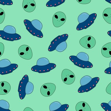 Yeşil arka planda UFO ve uzaylılarla kusursuz bir düzen. El çizimi karakterler. Uzay teması. Vektör illüstrasyonu.