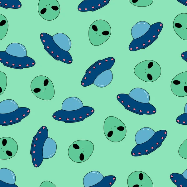 Seamless pattern with UFO and aliens on green background. Hand drawn doodle characters. Space theme. Vector illustration.