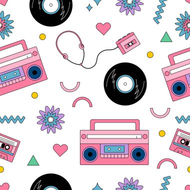 Retro müzik, plak kayıtları, müzik çalar, ses bantları ve teyp teybiyle kusursuz bir düzen. El çizimi çiçekler. Vektör illüstrasyonu.