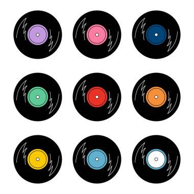 Vinil plak seti. El çizimi karalama tarzı. Klasik müzik diskleri. Retro çıkartmalar. Vektör illüstrasyonu.