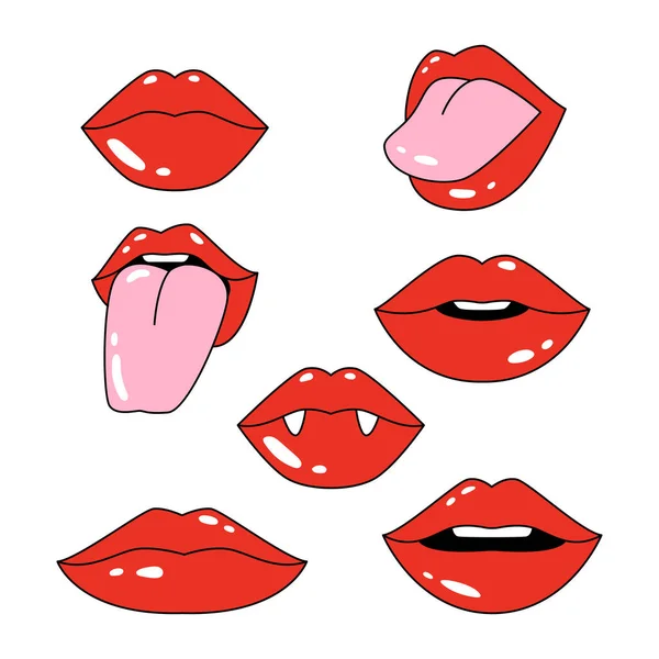 Labios rojos femeninos cómicos. Estilo de dibujos animados. Bocas dibujadas a mano con sonrisa, lengua fuera, dientes de vampiros. Ilustración vectorial. — Archivo Imágenes Vectoriales