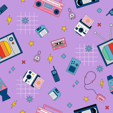 Geçmişe dönük teknolojilerle kusursuz bir düzen. Elle çizilmiş disket, telefon, ses kaydı, müzik çalar ve video oyunları. Vektör illüstrasyonu.