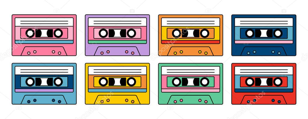 Cartoon audio tapes in different colorful. Vintage technology. Doodle style. Retro audio cassettes. Vector illustration.