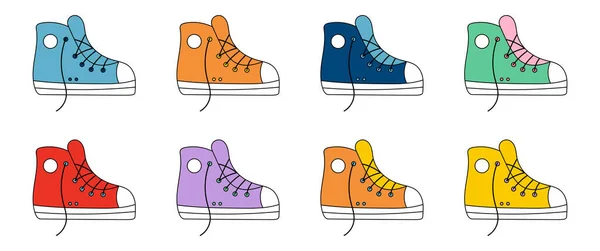 Doodle sneakers shoes set in different colors. Cartoon retro footwear. Vector illustration. — Stock Vector