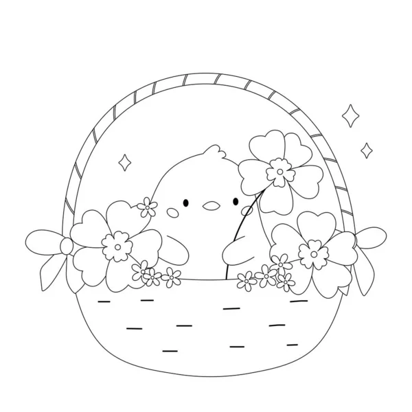 Розмальовка з милою ципочкою в кошику і квітами. Тварина Каваї. Великодня Векторні ілюстрації . — стоковий вектор