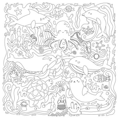 Yetişkinler ve çocuklar için boyama sayfası. Deniz hayatı. Çizgi film deniz ve okyanus hayvanları. El yapımı su altı bitkileri, yosunlar ve mercanlar. Stres önleyici karalama kitabı. Siyah ve beyaz vektör çizimi.