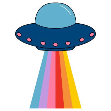 Beyaz arka planda gökkuşağı olan çizgi film UFO 'su. Uzaylıların uzay gemisi. Vektör illüstrasyonu.