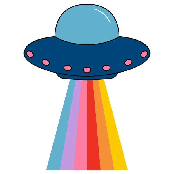 Cartoon UFO with a rainbow on white background. Aliens spaceship. Vector illustration. — Stok Vektör