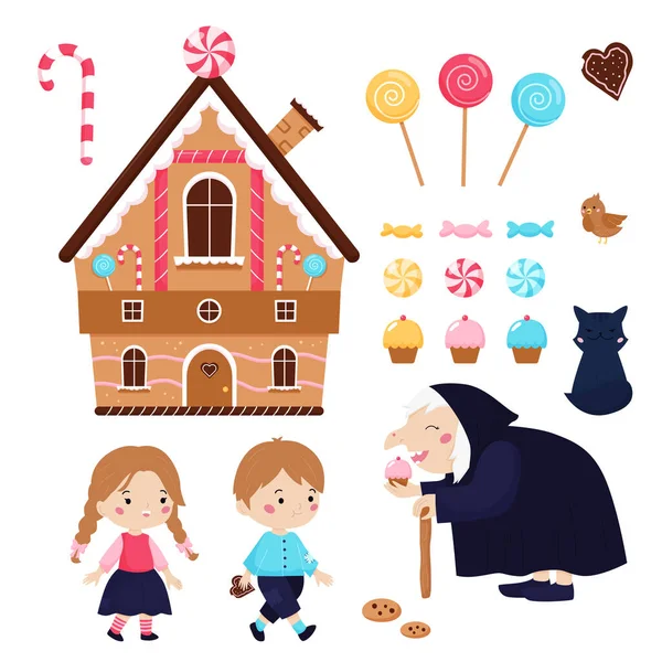 Hansel ve Gretel çocuklar için peri masalı. Tatlı kawaii karakterleri, erkek, kız, cadı, kedi ve kuş beyaz arka planda. Şekerler ve lolipoplarla dolu güzel bir ev. Vektör illüstrasyonu.