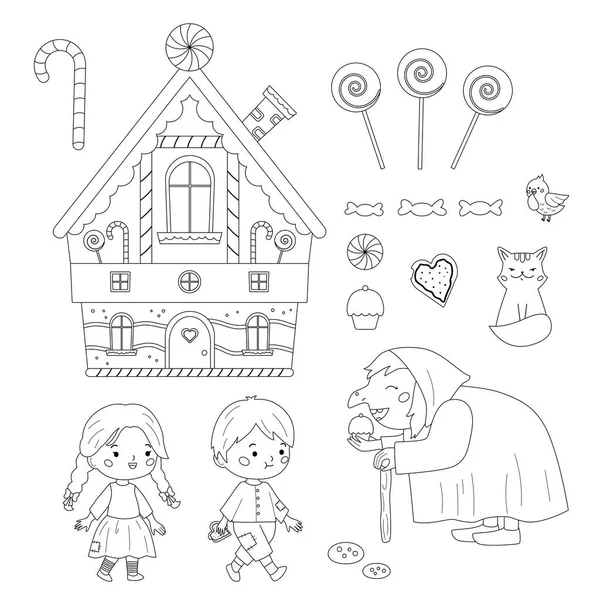 Hansel y Gretel para colorear página para niños. Un cuento de hadas clásico. Lindos personajes de dibujos animados para colorear libro. Kawaii chica, chico, bruja, gato, pájaro y dulce casa. Ilustración vectorial. — Vector de stock